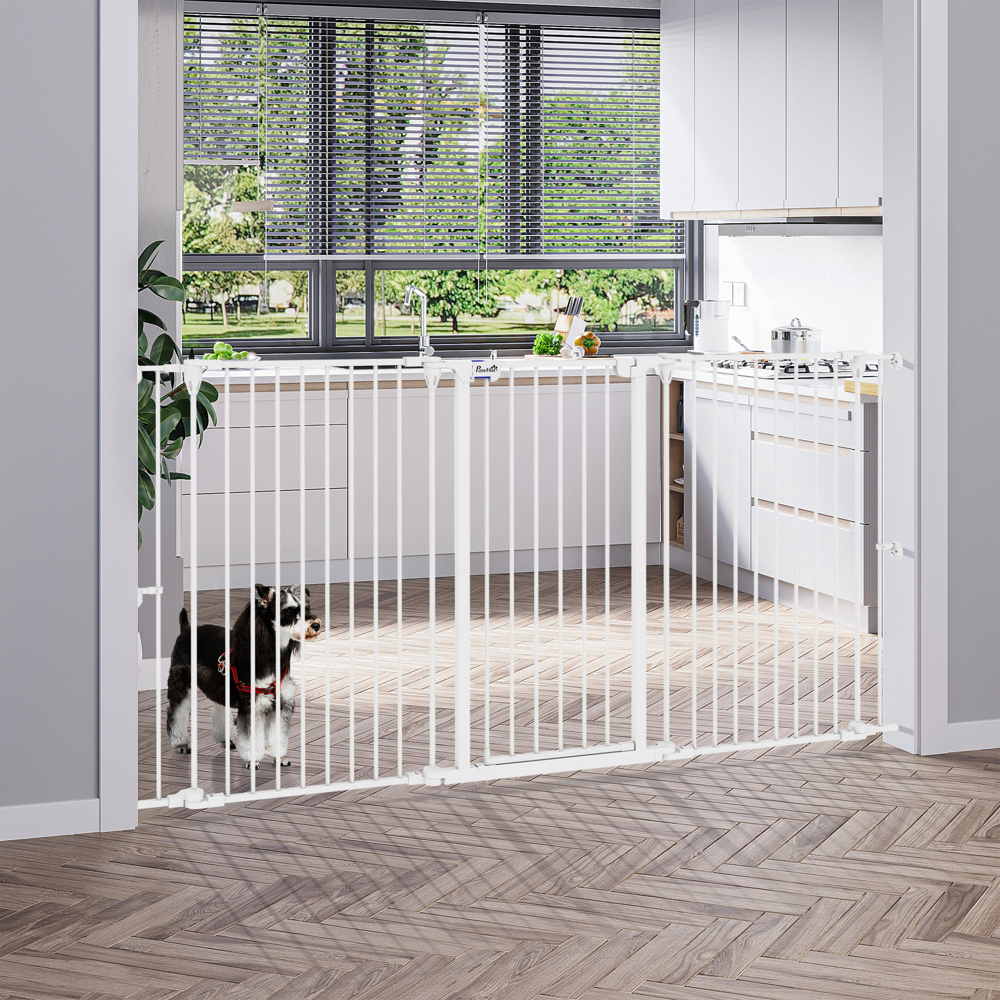 Barrera para Perros de Acero Valla para Mascotas Plegable de 3 Paneles con Doble Cerradura y Función de Bloqueo Auxiliar para Puerta Pasillo Escalera 206x90 cm Blanco