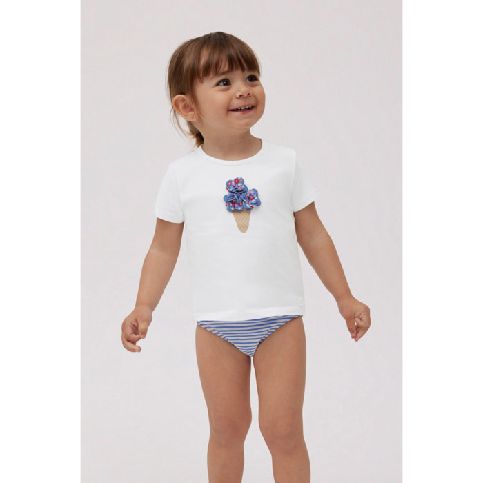 Completo costume da bagno per neonata con slip testurizzato a righe blu e maglietta