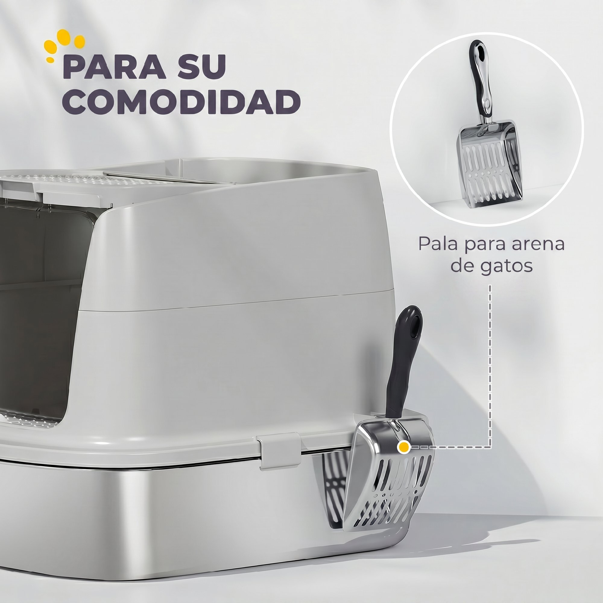 Arenero para Gatos de Acero Inoxidable L, Caja de Arena para Gatos con Tapa Abatible, Pala Metálica, Bolsa Desodorizante, Fácil de Limpiar, Antifugas, Gris Claro