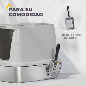 Arenero para Gatos de Acero Inoxidable L, Caja de Arena para Gatos con Tapa Abatible, Pala Metálica, Bolsa Desodorizante, Fácil de Limpiar, Antifugas, Gris Claro