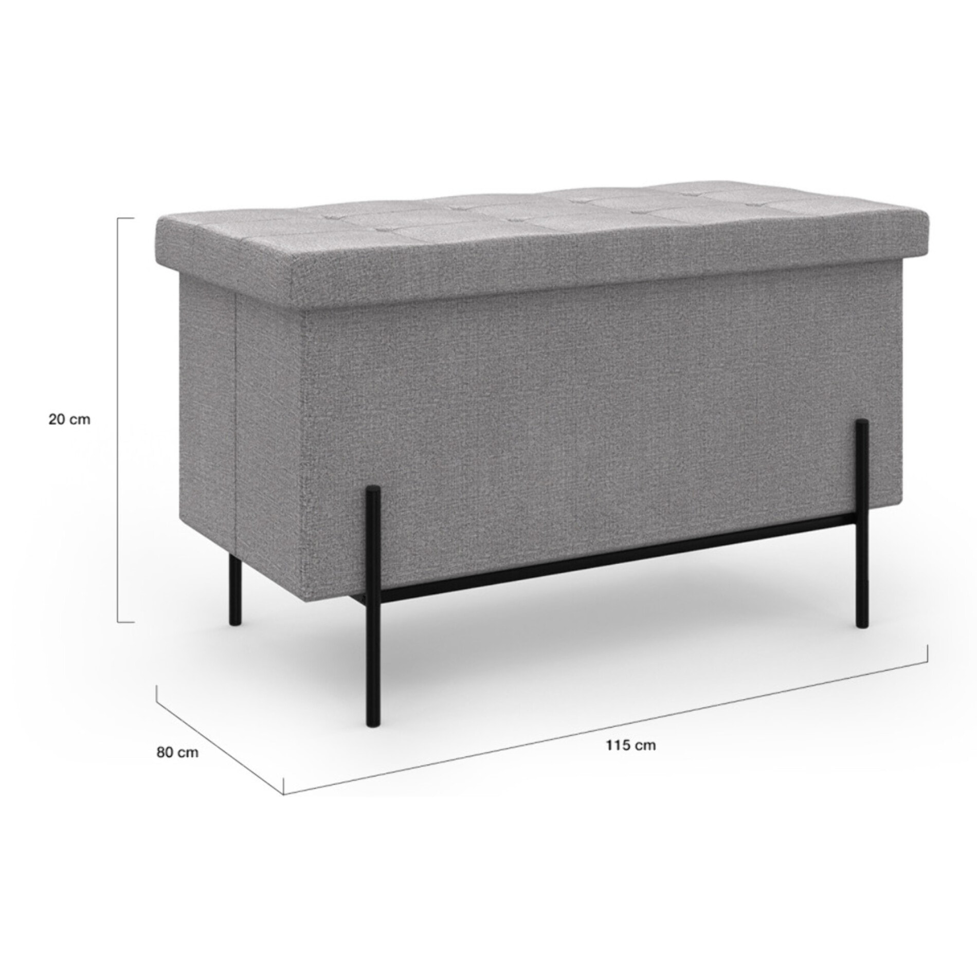 Banc coffre avec pieds noirs Loan en tissu gris 76cm