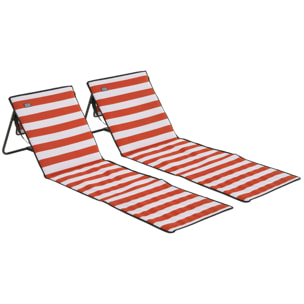 Lot de 2 tapis de plage rembourrés pliables - matelas de plage - dossier inclinable, rangement - métal polyester blanc rouge