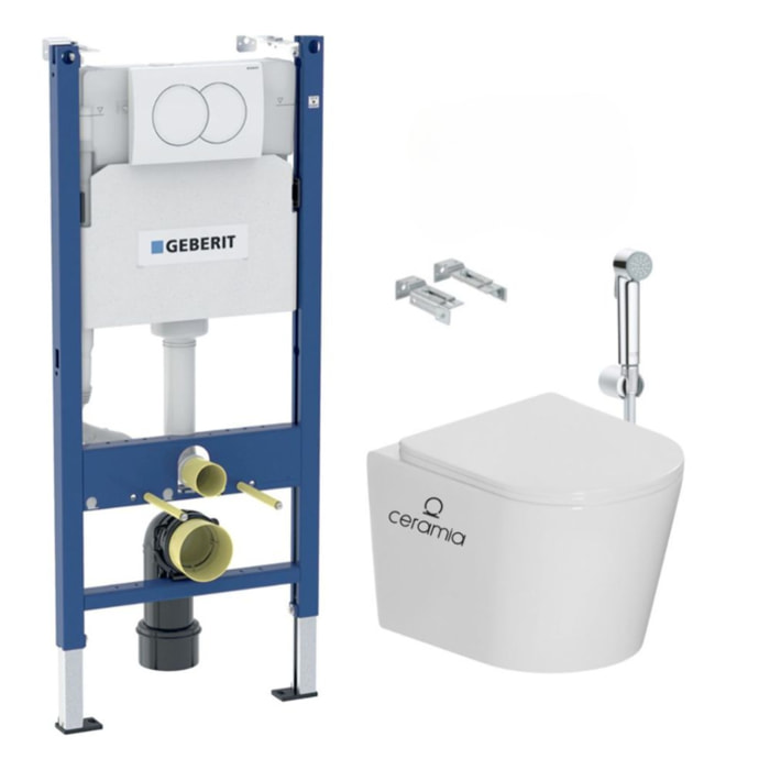 Pack WC bâti-support Duofix 112cm + WC sans bride + douchette 1 jet + support + plaque blanche (CETORGEB3SPR2VP)