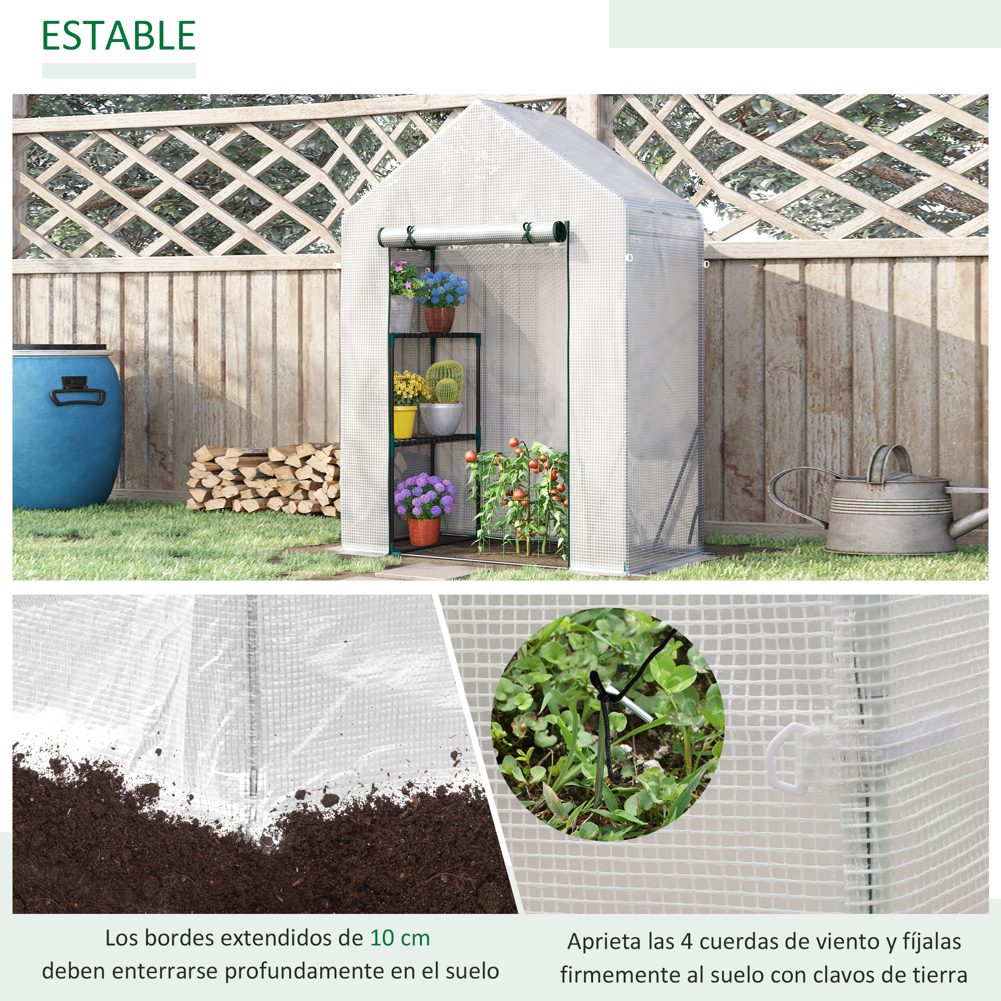 Invernadero Jardín 143x73x195 cm Acero con 2 Estantes y Puerta Enrollable Blanco