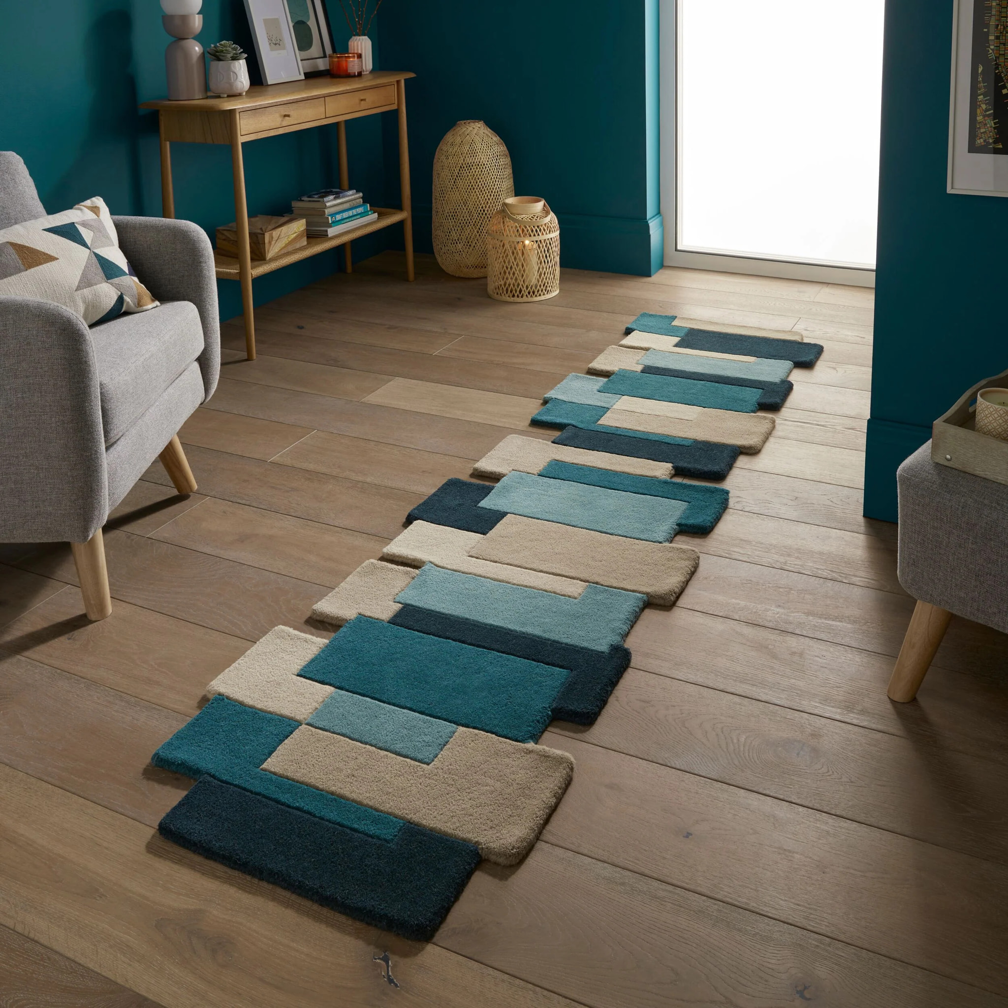 Tapis de couloir graphique en laine COLLAGE Bleu