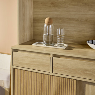 Buffet de cuisine LINEAR décor bois 4 portes 3 tiroirs 110 cm. Naturel. pieds en bois de pain revêtement papier