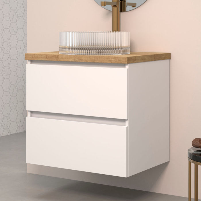 CONJUNTO DE BAÑO KUB | 60 CM BLANCO | DOS CAJONES | LAVABO DE CRISTAL | NO INCLUYE ESPEJO | MUEBLE MONTADO | ALDAY