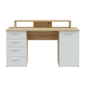 Bureau L145cm 4 tiroirs 1 porte 1 tablette décor gris et chêne - ELENA