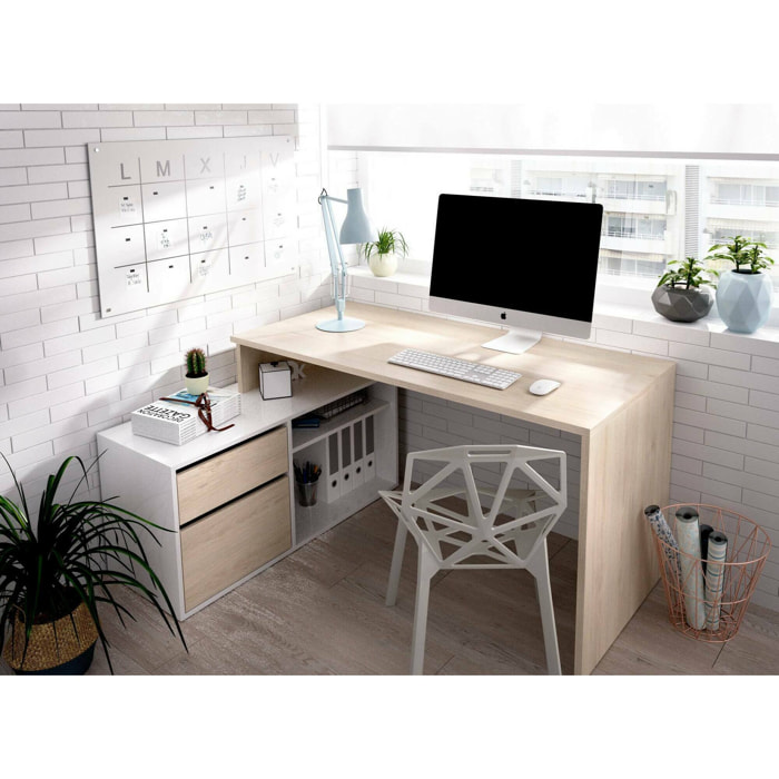 Scrivania Andor, Scrittoio multiposizione da ufficio o cameretta, Tavolo da studio angolare multiuso, 139x92h75 cm, Bianco lucido e Rovere