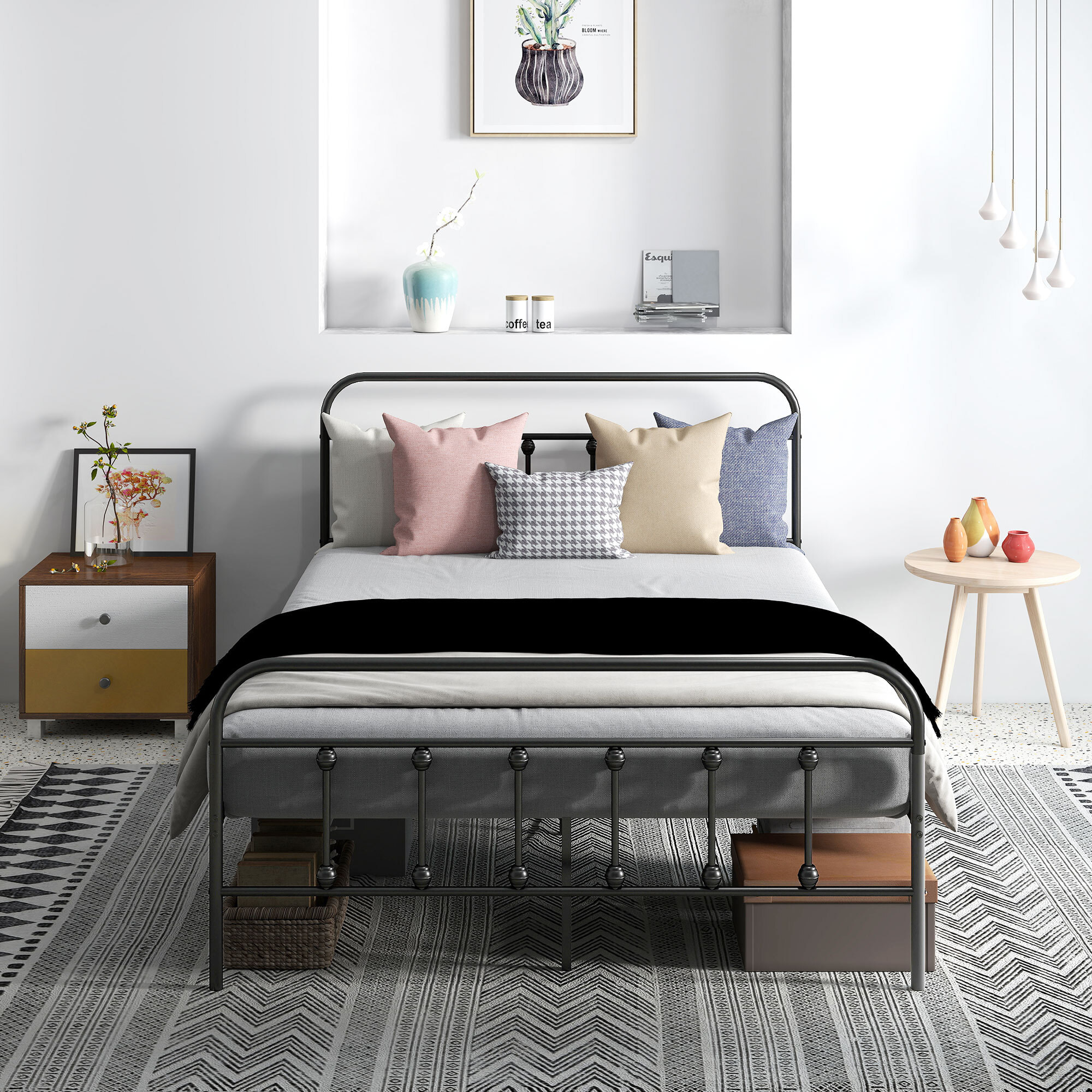 Lit double acier noir - tête de lit, pied de lit et sommier inclus - compatible matelas 140x200 cm