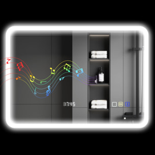 Espejo de Baño con Luz LED 70x50 cm Espejo de Pared con Bluetooth 3 Colores de Luz Reloj Digital Función Antivaho Función de Memoria Interruptor Táctil IP44