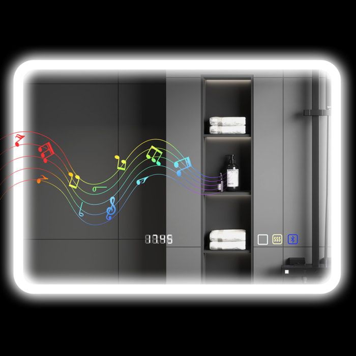 Espejo de Baño con Luz LED 70x50 cm Espejo de Pared con Bluetooth 3 Colores de Luz Reloj Digital Función Antivaho Función de Memoria Interruptor Táctil IP44