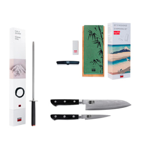 Le Set de Base Deluxe Hashi Damas : 2 couteaux (office 9cm + santoku 18cm) + set d'aiguisage grain 180/800 + fusil à aiguiser