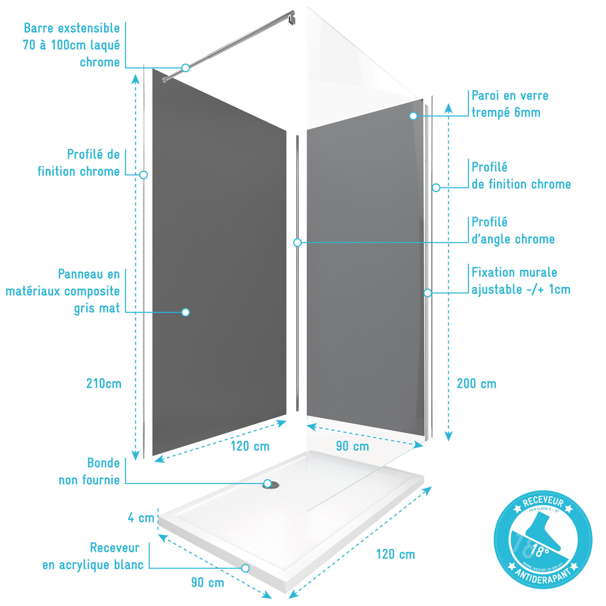 Pack Douche a l'Italienne 90x120 - Kit Panneaux Muraux Gris/Chrome + Receveur + Paroi 6 mm