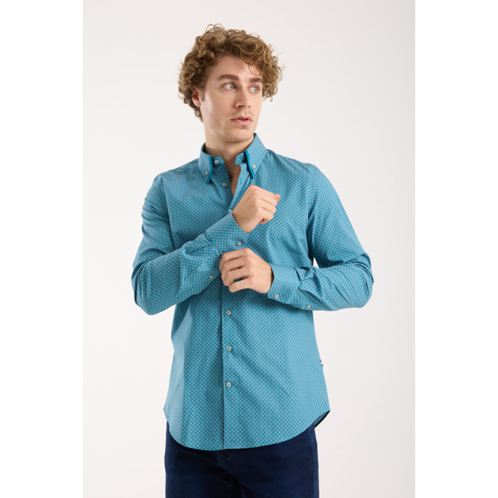 Camicia Uomo 2 Bottoni Button Down Doppio Coll Popeline Stretch Stampato Verede Ottanio/Arancio