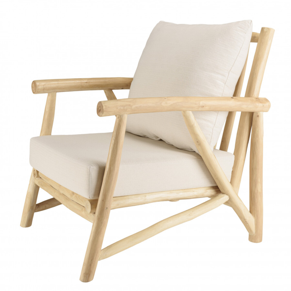 WILL - Fauteuil MADURA en branches de teck naturel coussins blancs