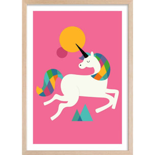 Affiche  licorne rose Affiche + cadre en bois - Chêne