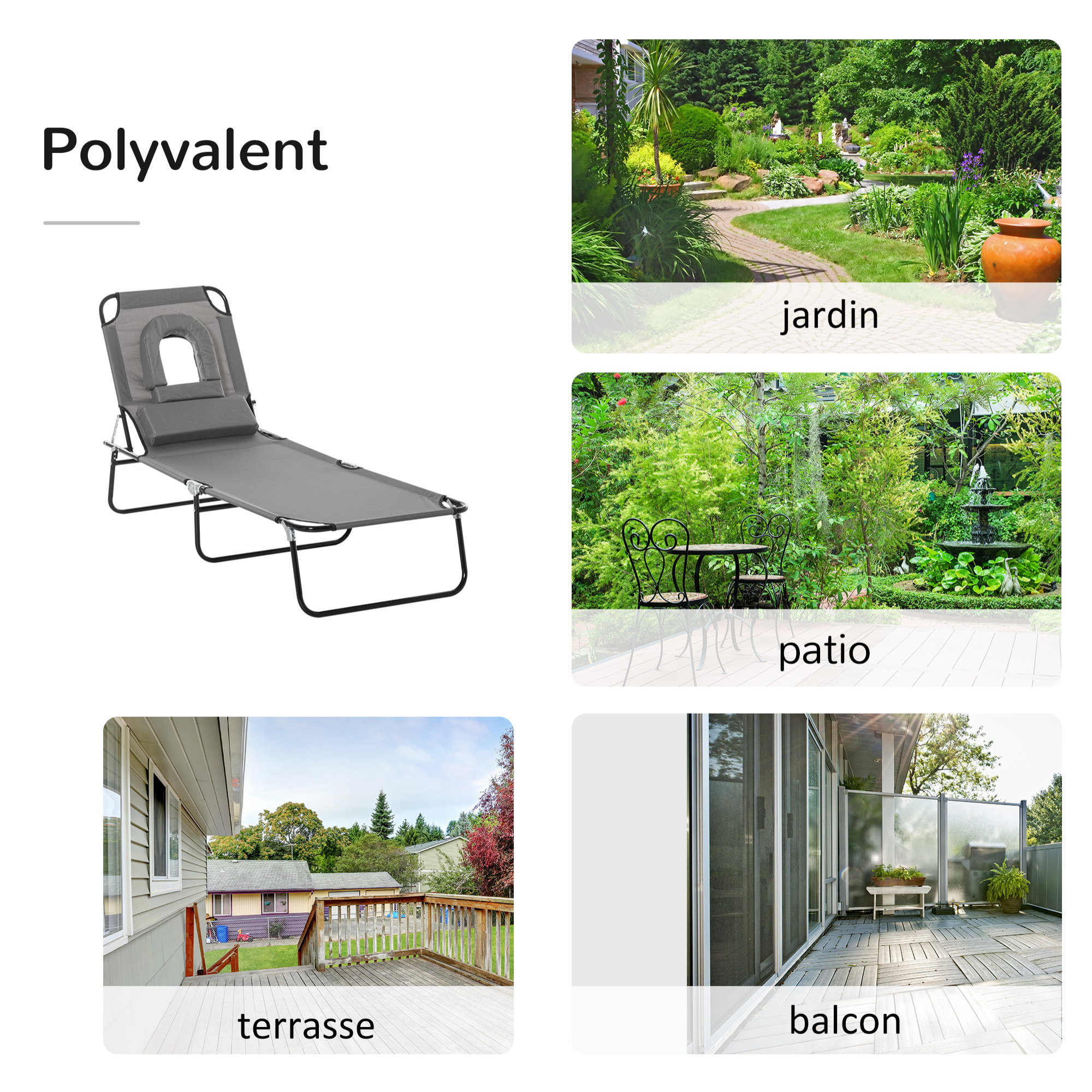 Bain de soleil pliable transat inclinable 4 positions chaise longue de lecture 3 coussins fournis gris