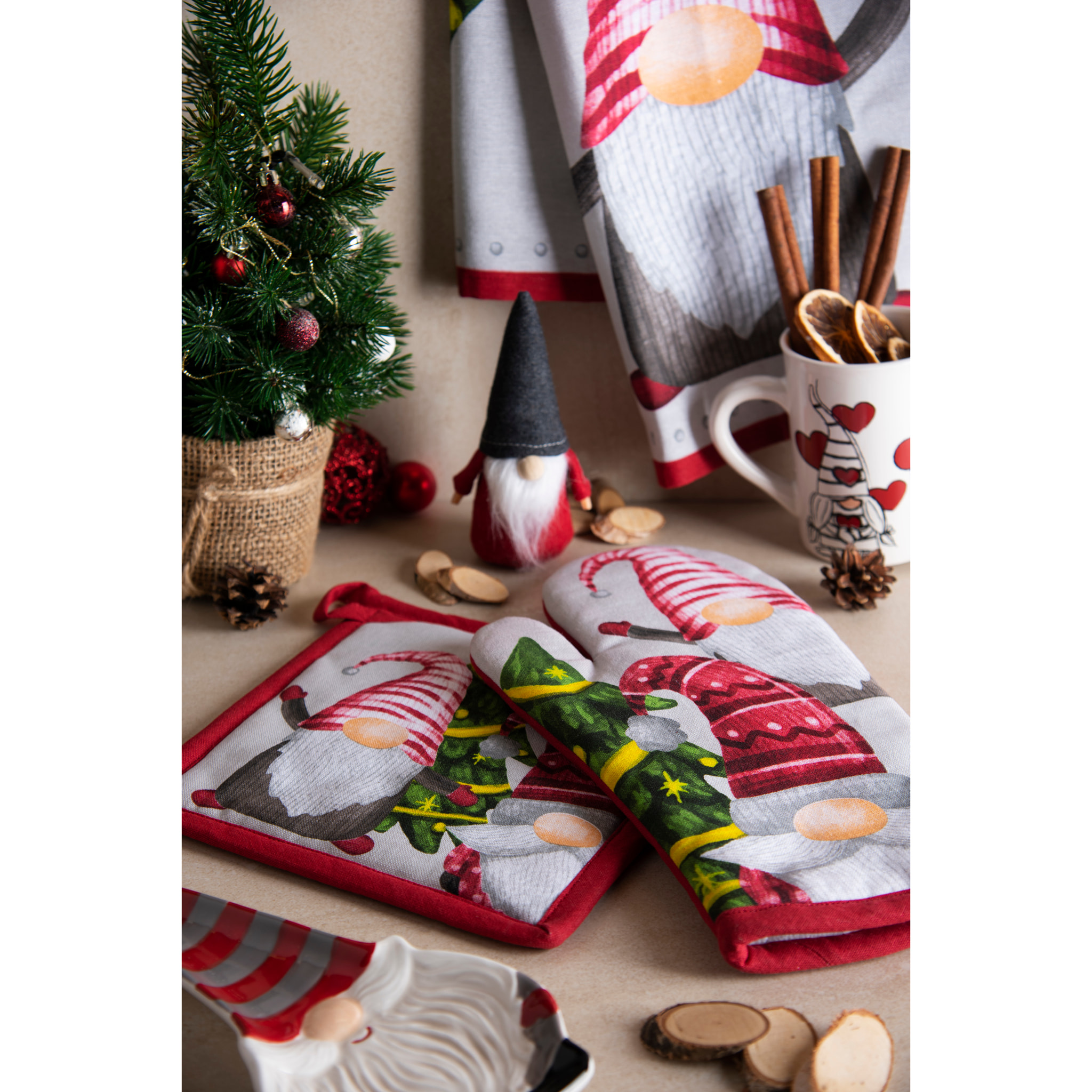 Set torchon avec manique et gant de cuisine Excelsa – Gnomo Friends, Coton Multicolore