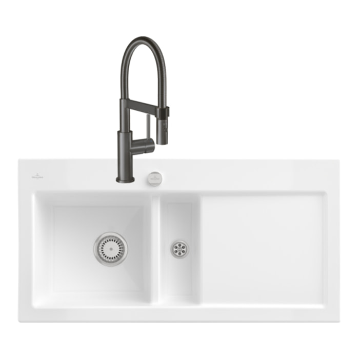 Evier Subway Pure 60 1 bac et demi égouttoir à droite vidage auto + Robinet Steel Expert Compact Anthracite