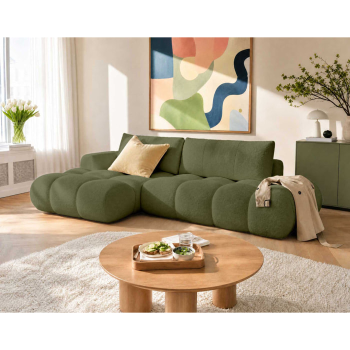 Yulin - Canapé d'angle ouvert gauche 4 places convertible avec coffre en tissu bouclette - Vert