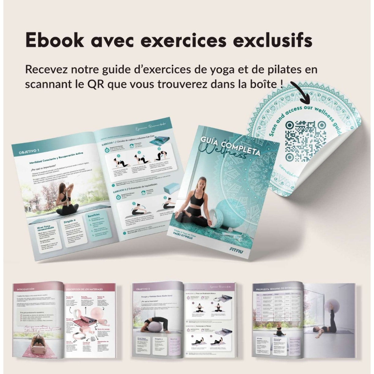 Kit de yoga et Pilates ROSE 5 accessoires avec tapis, bloc, ballon, roue et sangle