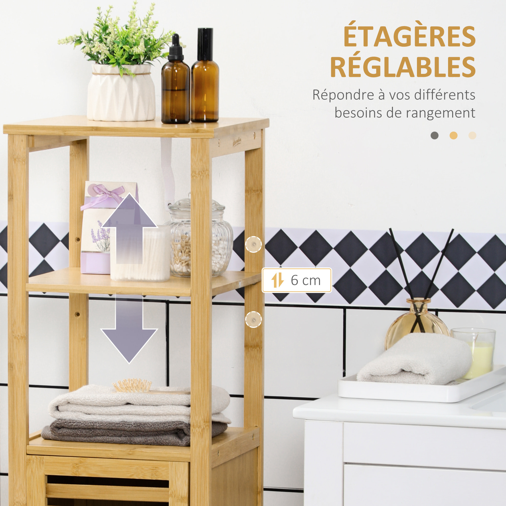 Colonne salle de bain en bambou H.120 cm - porte à lattes, 3 étagères - bambou verni