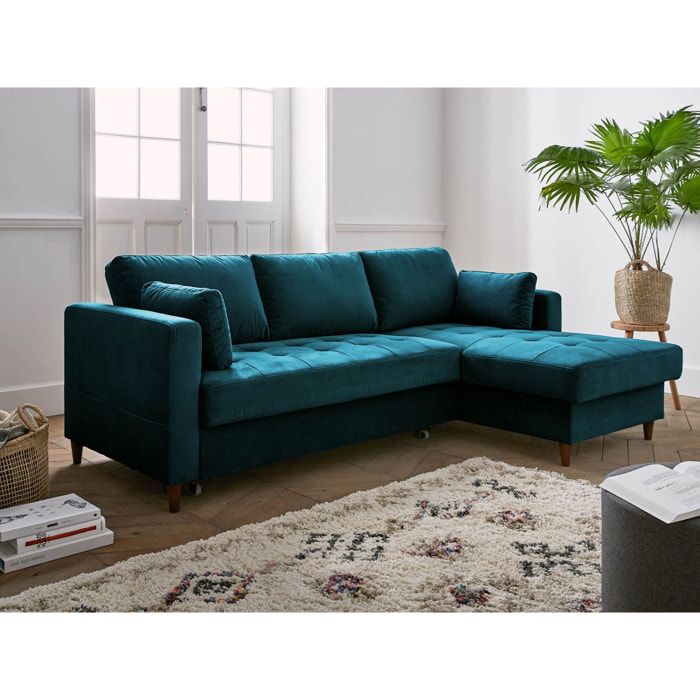 Anna - canapé d'angle droit - 4 places - convertible avec coffre - en velours - Bleu canard