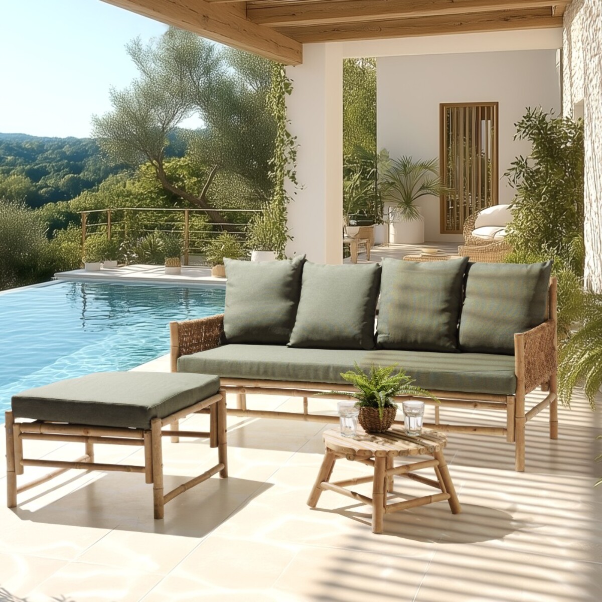 VITAL - Canapé 3 p. 1 pouf 1 table basse bambou