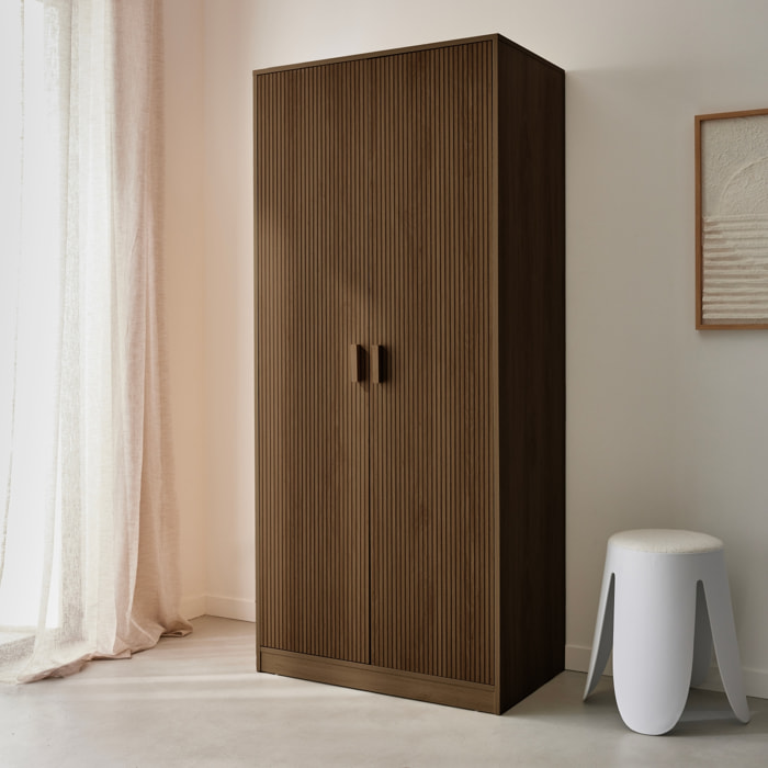 Dressing. armoire. 2 portes avec penderie et rangements LINEAR noyer. panneaux stratifiés et pied en bois de sapin L 80 x P 48 x H 180cm