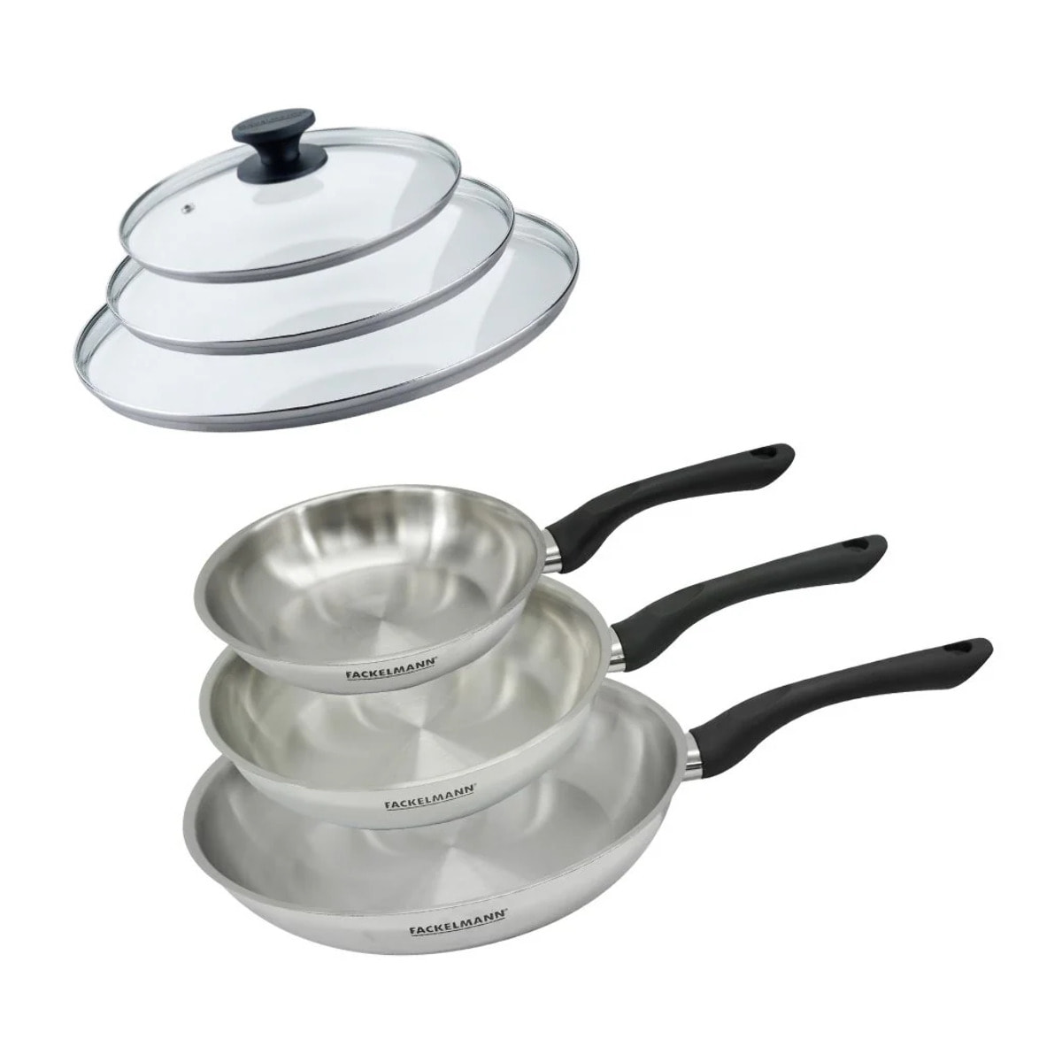 Set 3 poêles 20 24 et 28 cm en inox et 3 couvercles verre Fackelmann Geneva