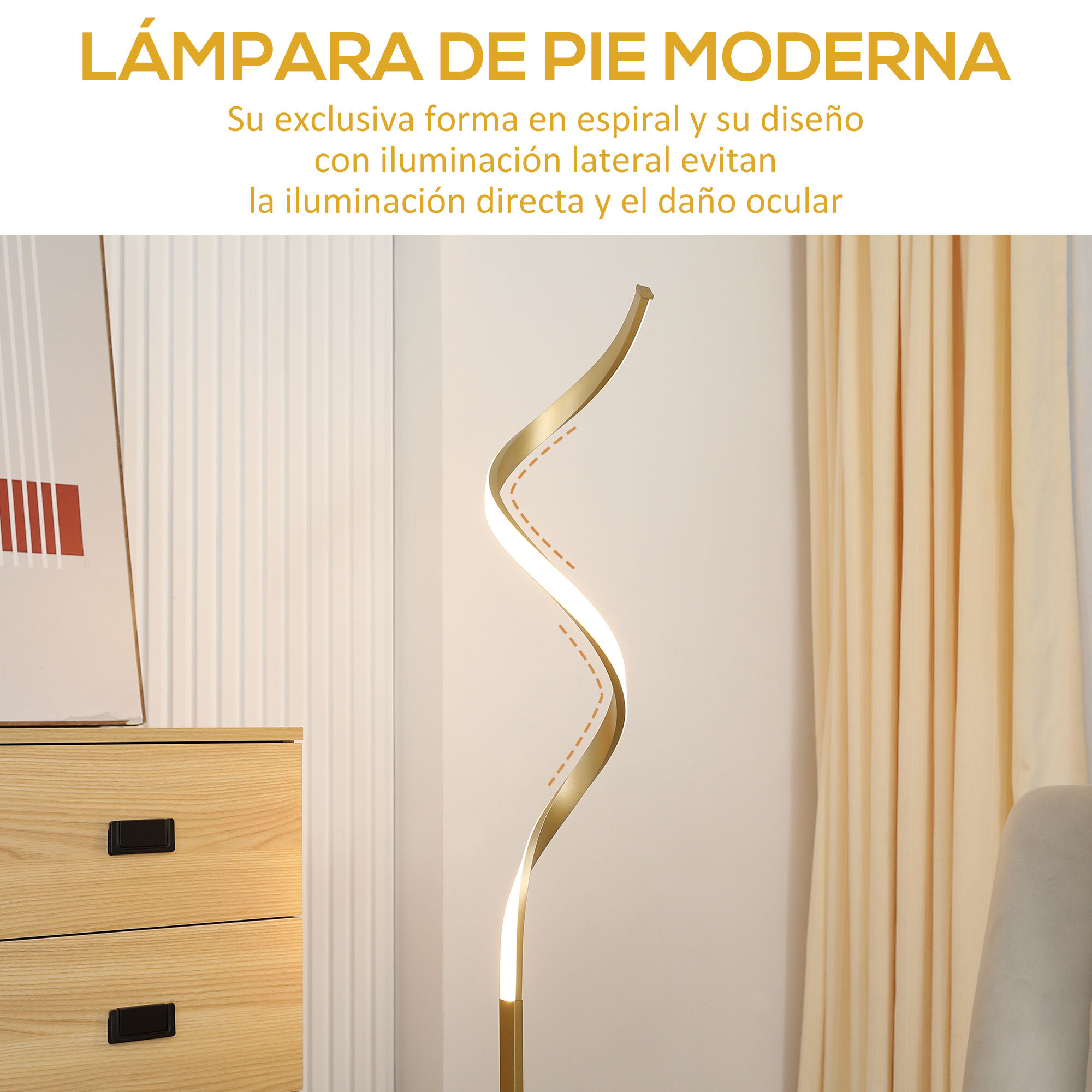 HOMCOM Lámpara de Pie de Metal Lámpara de Suelo Moderno con Luces LED Máx. 10W IP20 Interruptor de Pie para Salón Dormitorio Oficina 20,5x20,5x147 cm Dorado