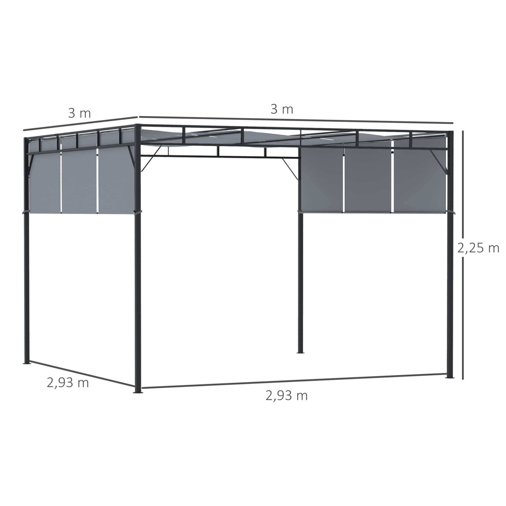 Pergola rétractable dim. 3L x 3l x 2,2H m structure acier époxy anticorrosion noir triple toile polyester haute densité gris