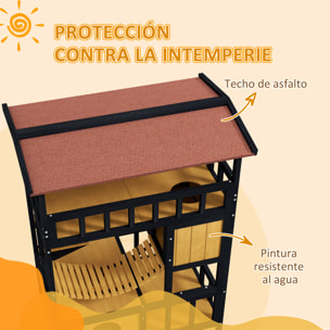 PawHut Caseta para Gatos de Madera 84x60x116 cm Casa para Gatos de 4 Niveles Refugio para Gatos con Puente Colgante Balcón y Techo Asfáltico Natural