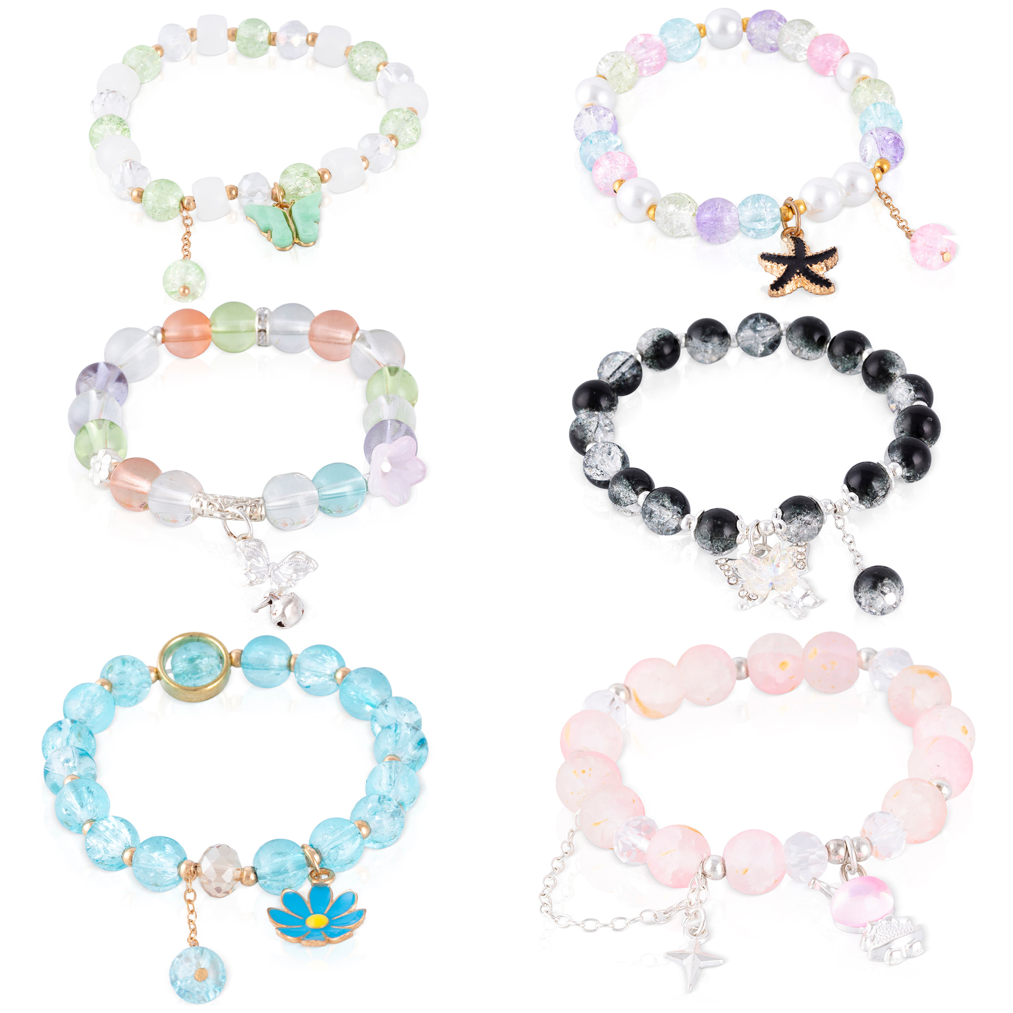 Set de 6 pulseras elásticas con cuentas de cristal y diseños multicolor, rosa, negro, azul, multicolor y verde.