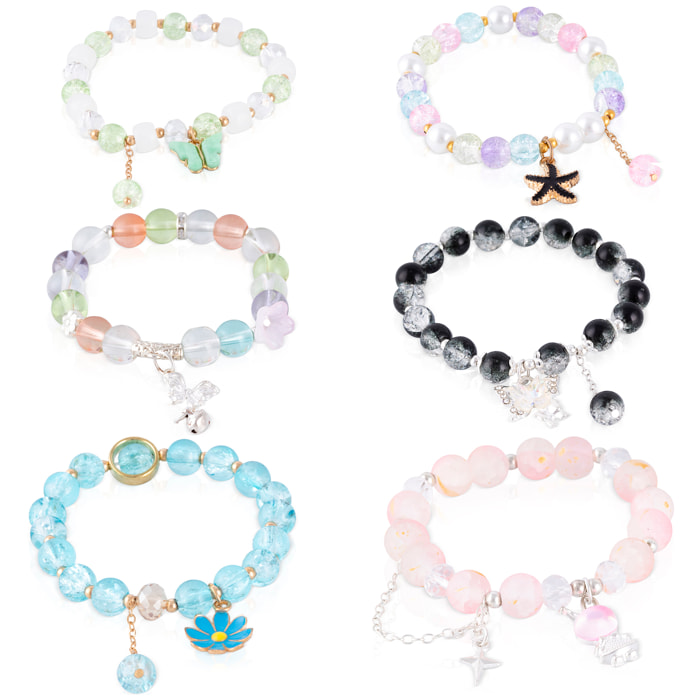 Set de 6 pulseras elásticas con cuentas de cristal y diseños multicolor, rosa, negro, azul, multicolor y verde.