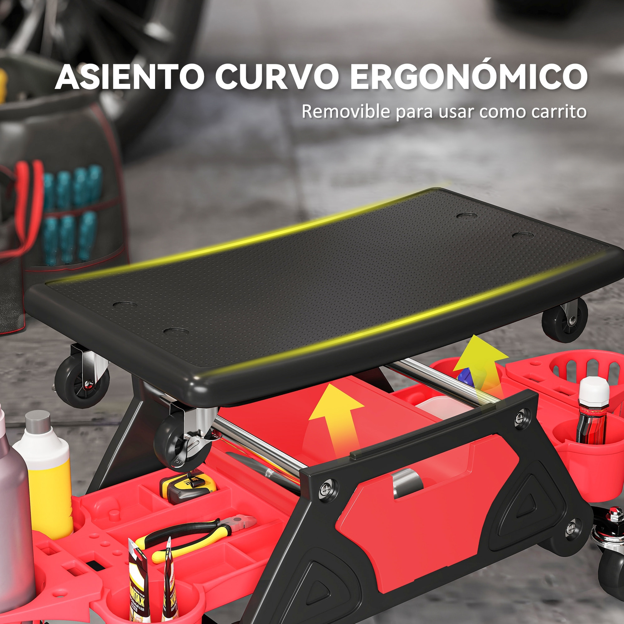 Taburete de Taller Giratorio con Ruedas Altura Ajustable Asiento Taburete para Mecánico con 2 Bandejas para Herramientas Portavasos Cajón Carga 135 kg para Garaje Reparación de Automóviles Rojo