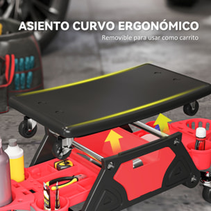 Taburete de Taller Giratorio con Ruedas Altura Ajustable Asiento Taburete para Mecánico con 2 Bandejas para Herramientas Portavasos Cajón Carga 135 kg para Garaje Reparación de Automóviles Rojo