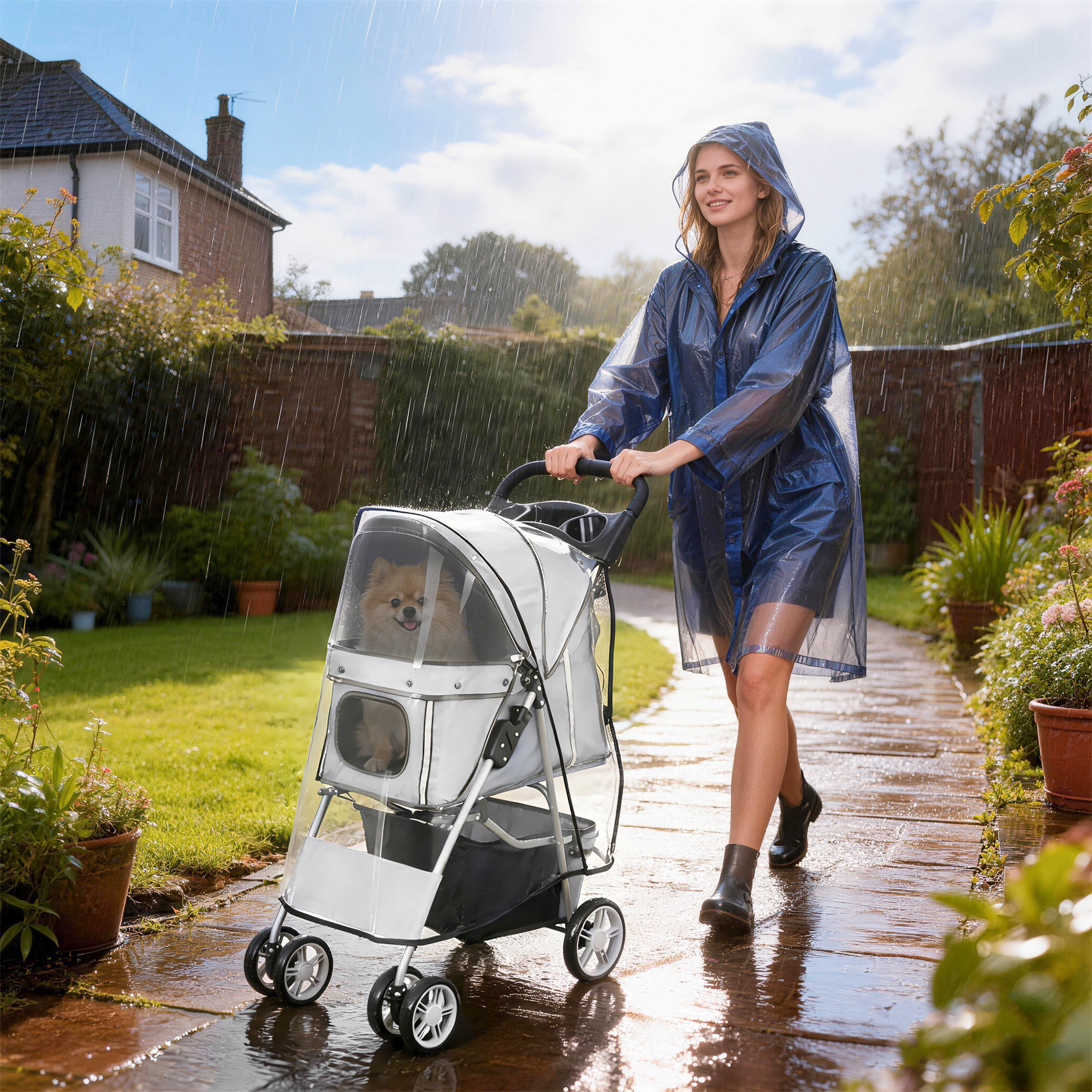Poussette buggy pliable pour chiens tissu 600D Oxford imperméable 4 roues gris