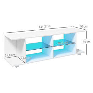 Meuble banc TV sur pieds avec lumières LED - 2 étagères en verre trempé pour télévision jusqu'à 60 pouces style contemporain - 145 x 40 x 45 cm blanc