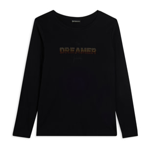 T-shirt a maniche lunghe con scritta Dreamer in strass