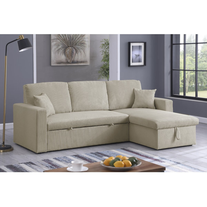 Canapé d'angle convertible en velours côtelé "Alain" - 3 places - Beige