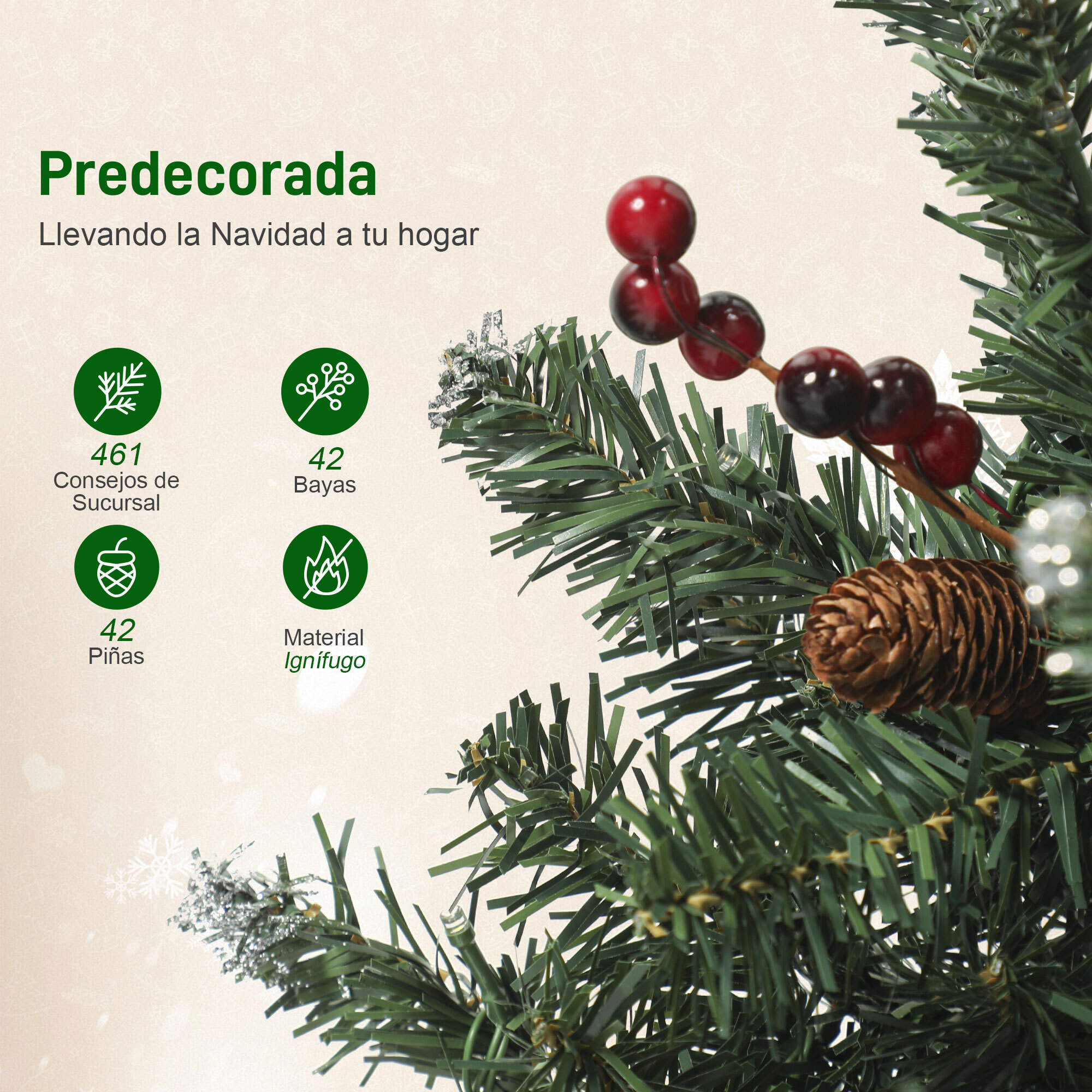 Árbol de Navidad Estrecho 180 cm, Árbol de Navidad Artificial con Luces LED Blanca Cálida, 8 Modos de Iluminación, 461 Ramas con Purpurina Plateada, Piñas, Bayas y Soporte Metálico, Verde