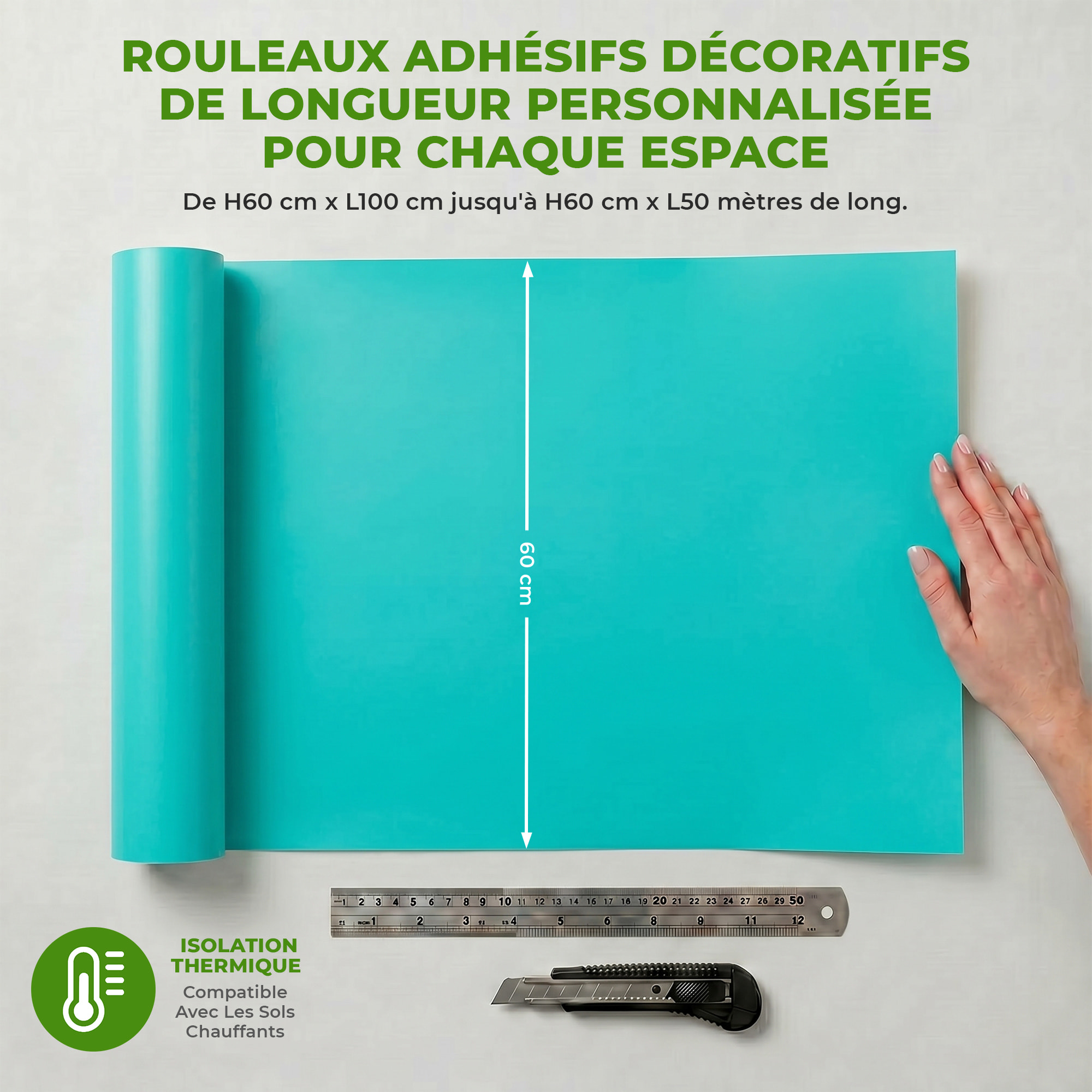Rouleau adhésif décoratif Vinyle au Mètre - Turquoise - Sticker Lavable Imperméable Mur Cuisine Meubles