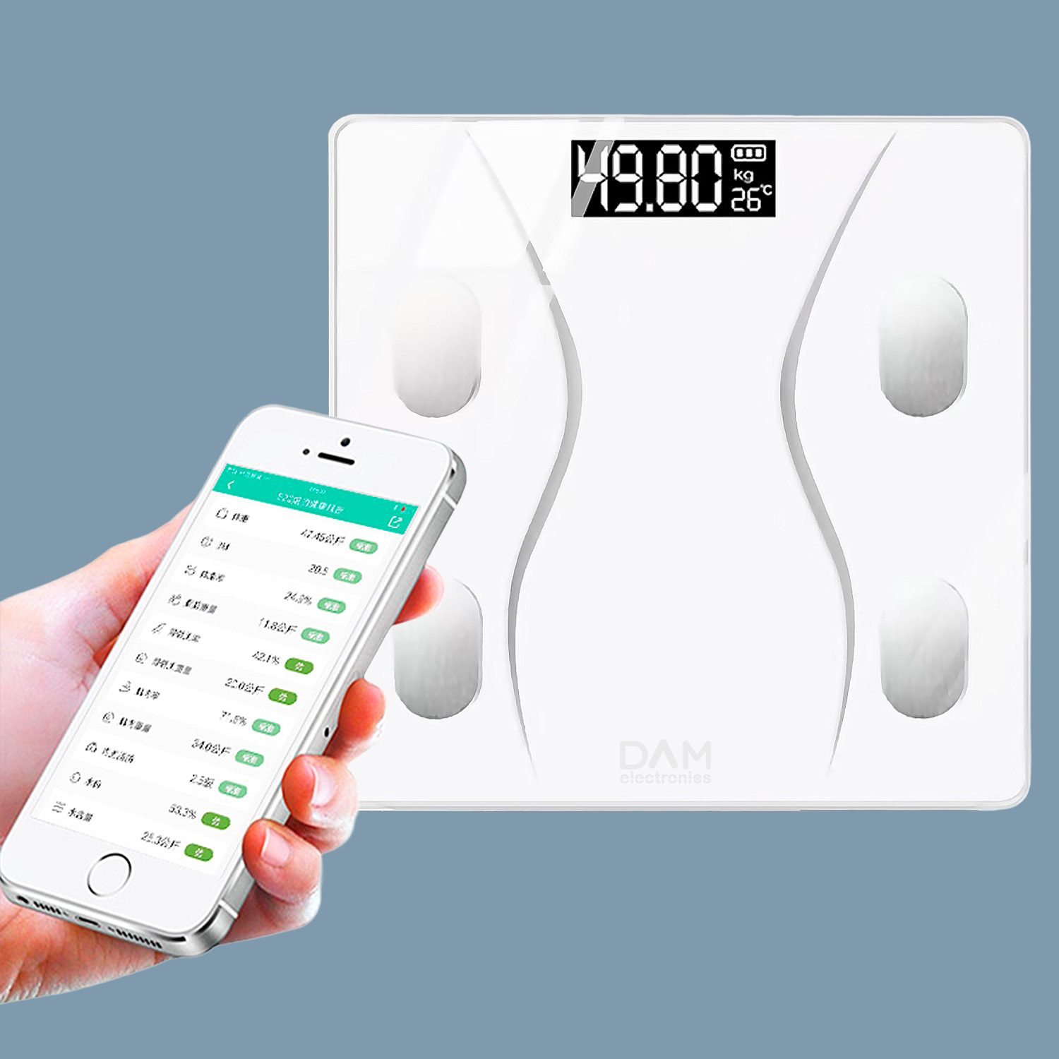 Bilancia intelligente con bioimpedenza, Bluetooth e App. Peso, percentuale di grasso%, IMC, età corporea, ecc.