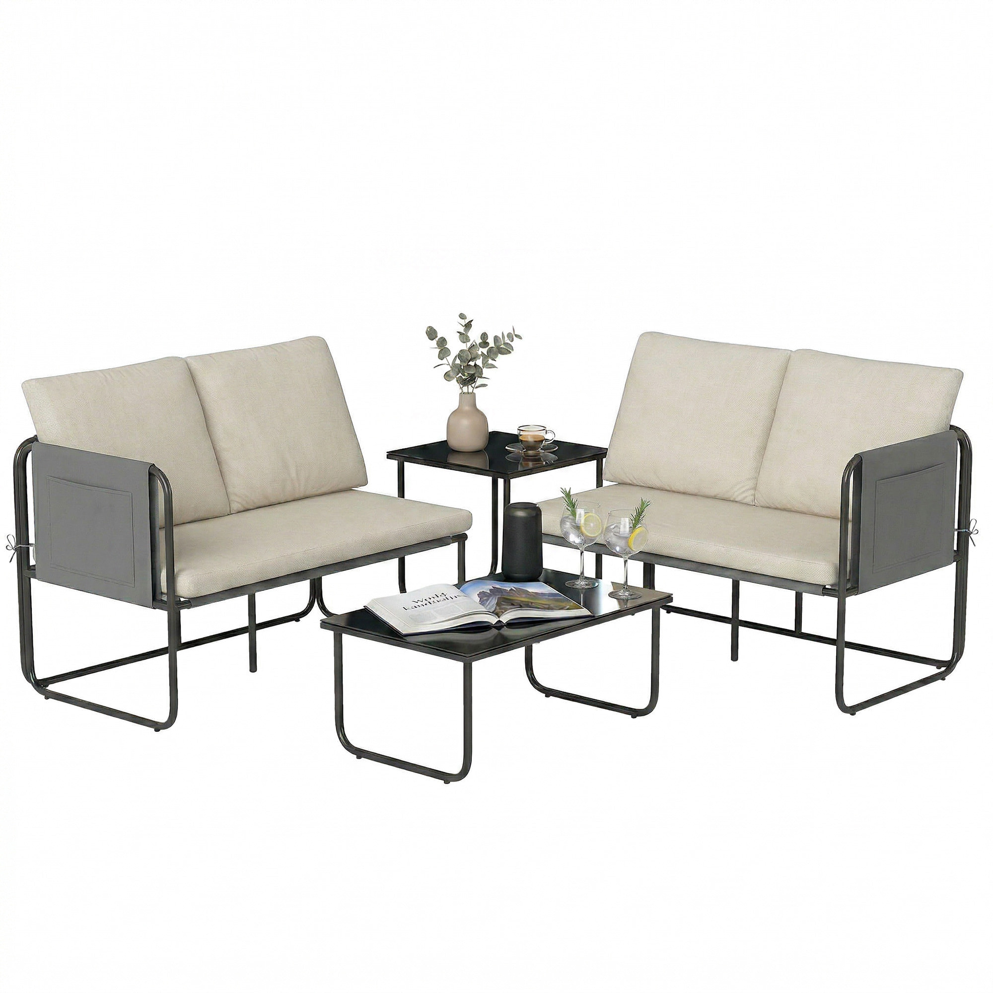Conjunto Jardín Exterior de 4 Piezas, Muebles Jardín Exterior con 2 Sofás 2 Plazas, 2 Mesas de Vidrio, Cojines, Fundas Extraíbles, Bolsillos, Tela Textilene Transpirable, Marco Acero, Caqui