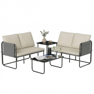Conjunto Jardín Exterior de 4 Piezas, Muebles Jardín Exterior con 2 Sofás 2 Plazas, 2 Mesas de Vidrio, Cojines, Fundas Extraíbles, Bolsillos, Tela Textilene Transpirable, Marco Acero, Caqui