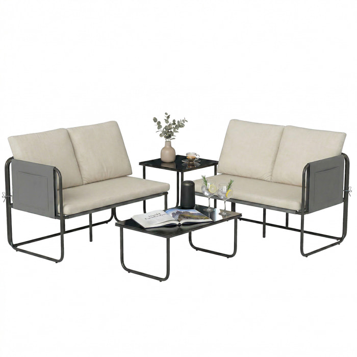Conjunto Jardín Exterior de 4 Piezas, Muebles Jardín Exterior con 2 Sofás 2 Plazas, 2 Mesas de Vidrio, Cojines, Fundas Extraíbles, Bolsillos, Tela Textilene Transpirable, Marco Acero, Caqui