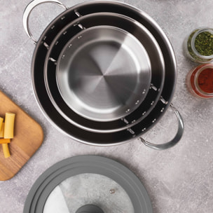 Batería de cocina con cacerolas de Ø16Ø20Ø24cm acero inoxidable + Sartén Grill 28x28cm Aluminio forjado + Juego de 5 Cuchillos con tijeras MasterPRO