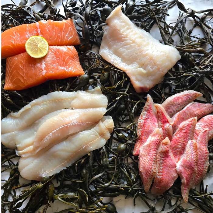 Colis Poissons: 2 Pavés de Saumon (2x120g), 1 Filet d?Églefin (1 x180g), Filets de Rouget (1x180g) et Filets de Julienne (1x180g) - 780g - France - Maison Blanc